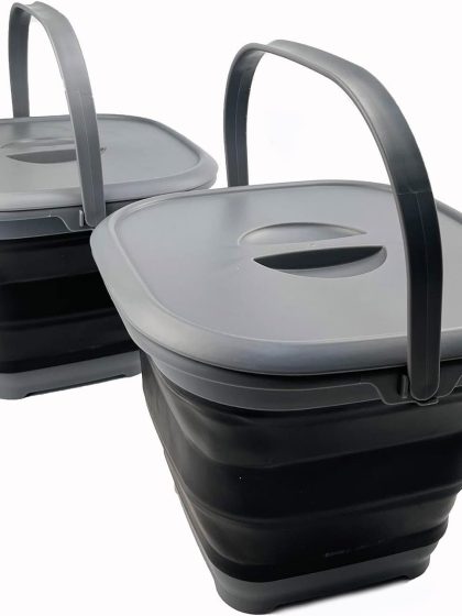 8.5L (2.2 Gallon) Collapsible Square Handy Bucket with Lid/Foldable Square Water Pail with Lid/Portable Tub with Handle and Lid (Grey/Black (Set of 2))